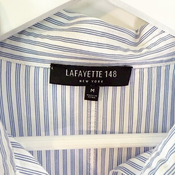 Lafayette 148 NY Blue Striped Button Down Shirt Medium - Picture 5 of 6